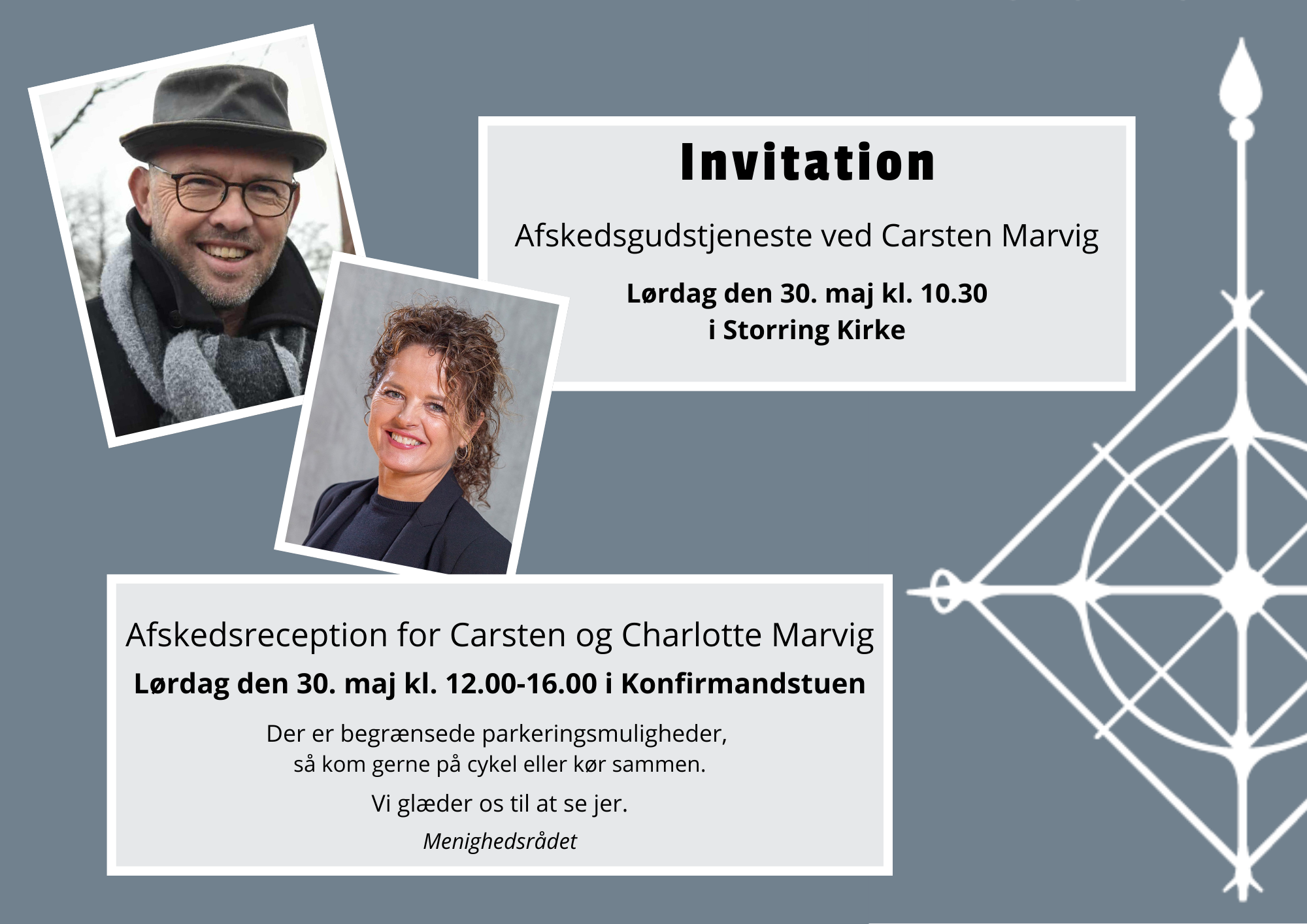 Invitation til Carsten Marvigs afskedsgudstjeneste og afskedsreception for Charlotte og Carsten